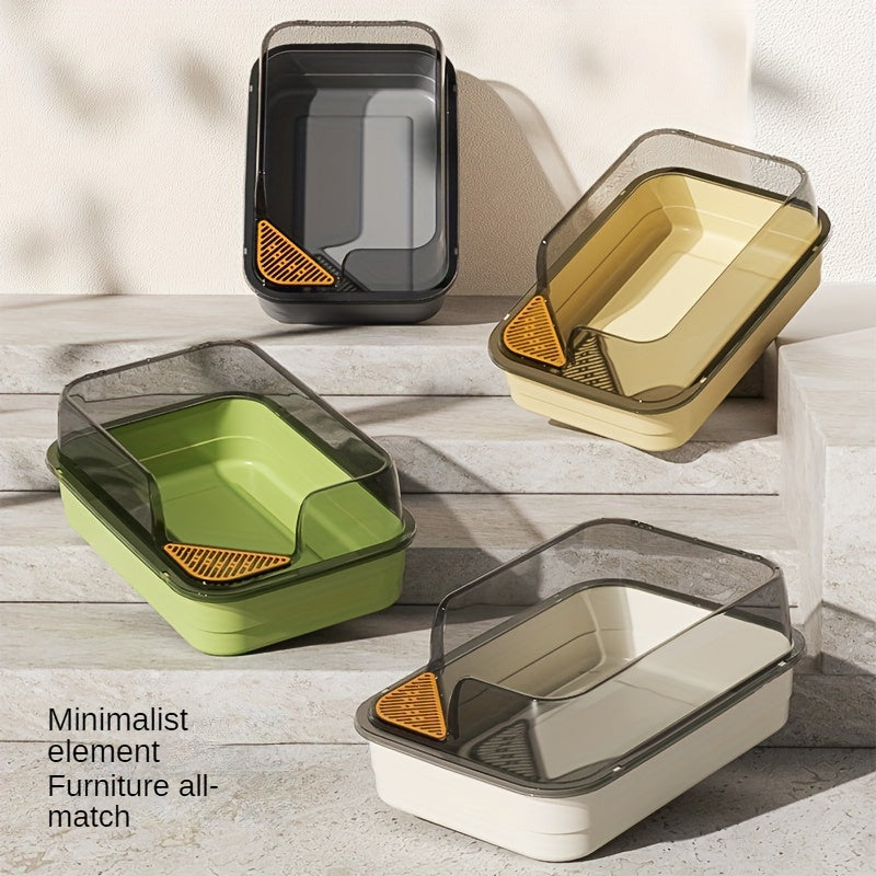 Экстра большой полузакрытый туалет для кошек с высоким бортиком, водоотталкивающим дизайном и объемом 12,1 л. Изготовлен из прочного пластика/полипропилена для легкой очистки, подходит для нескольких кошек.