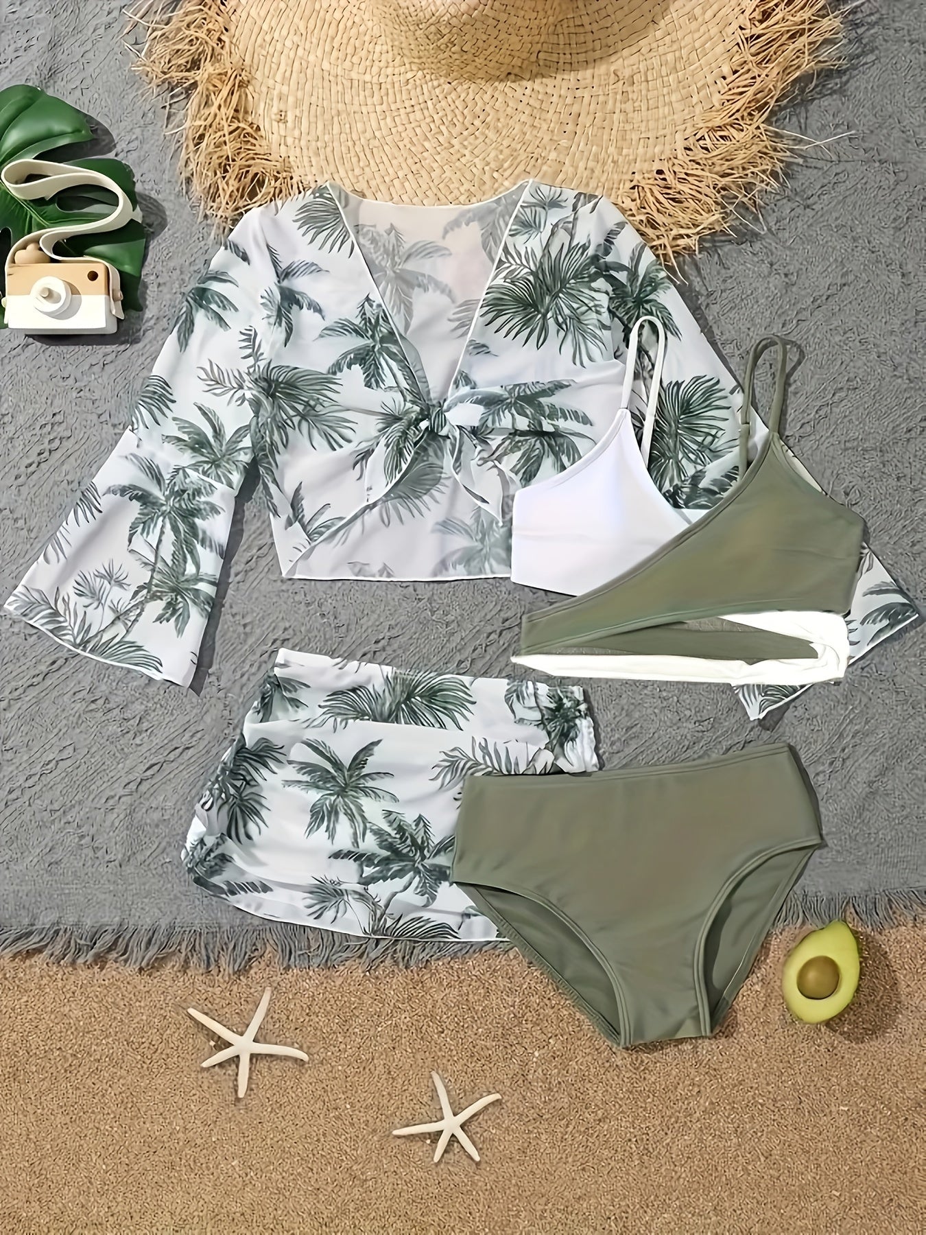 Women's Coconut Tree Print 4-Piece Bikini Set with Cover Up and Skirt