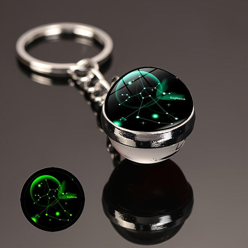 Starry Night Zodiac Keychain Double-Sided Glass Ball Glow-in-Dark Car Accessory