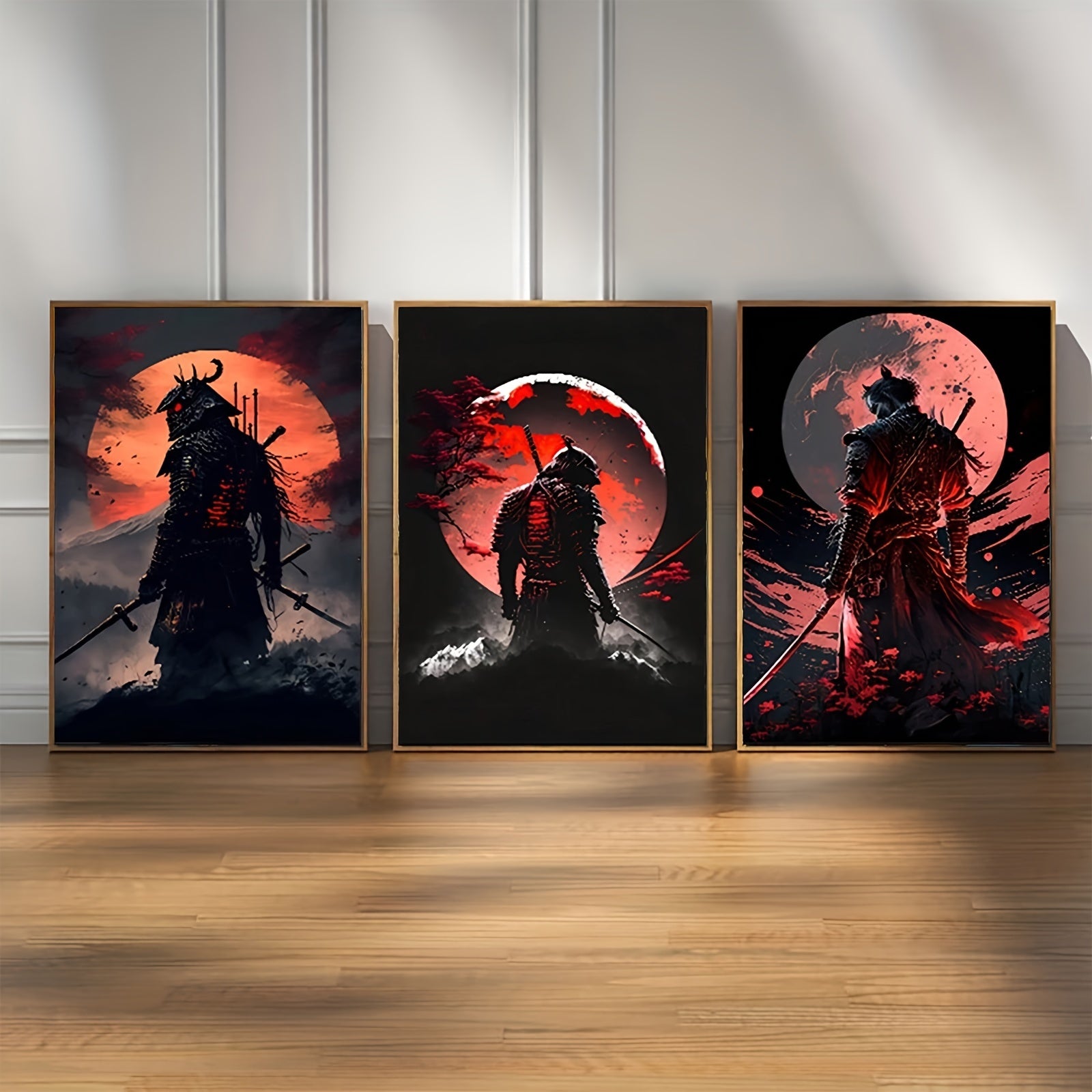 Japanese Samurai Mountain Canvas Wall Art Set of 3 Frameless Modern Retro Decor for Living Room Bedroom Office