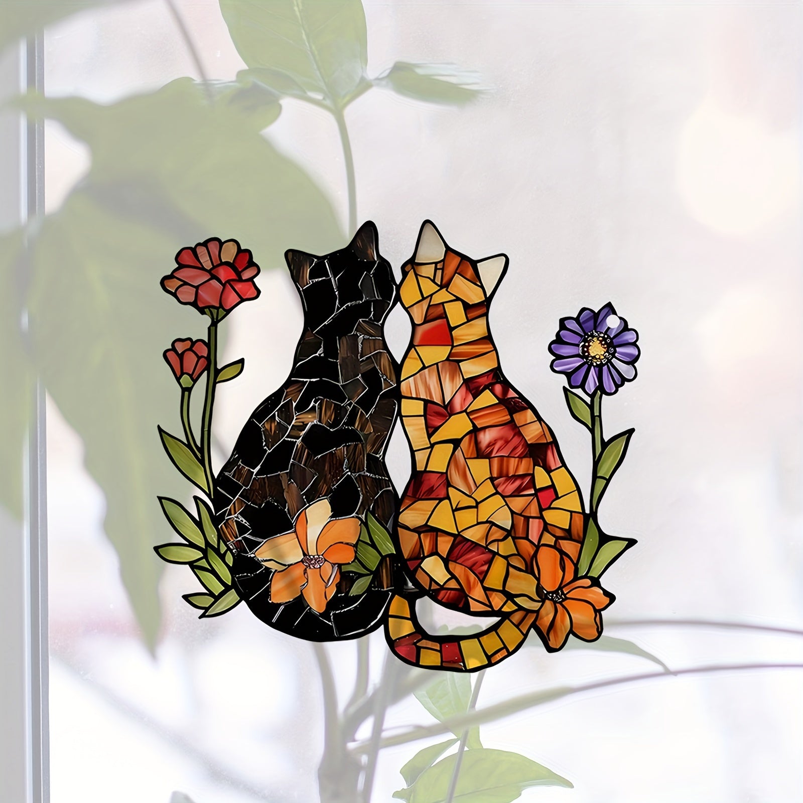 Decorative Stained Glass Window Sticker Black and Orange Cat Flowers 20cm