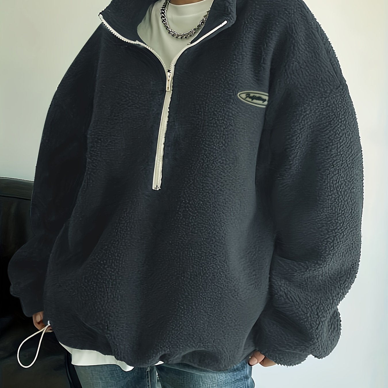 Women's Cotton Half-Zip Sweatshirt With Letter Patch and Drawstring