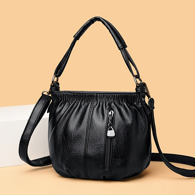 Vintage Crossbody Bag for Women Leather Bucket Style Small Purse with Adjustable Strap in Black Burgundy Brown