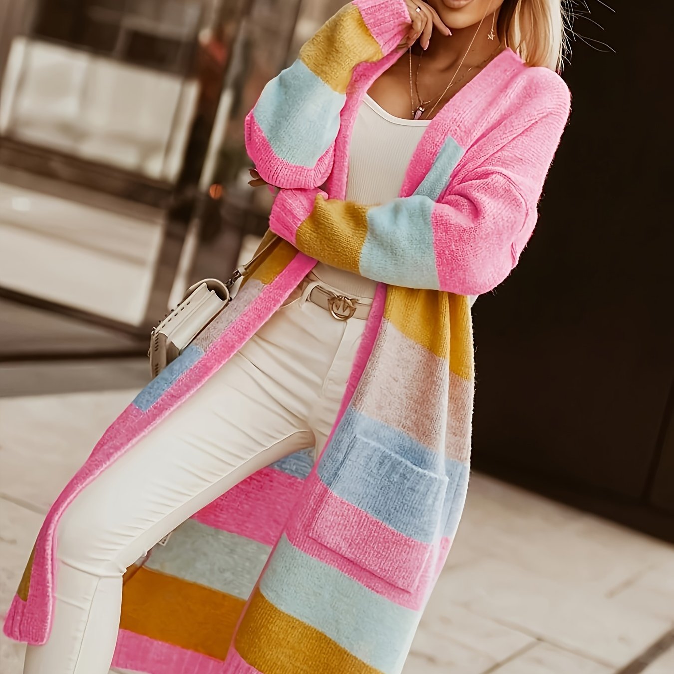 Women's Colorful Patchwork Knit Cardigan Acrylic Poncho Fall Winter Casual Streetwear