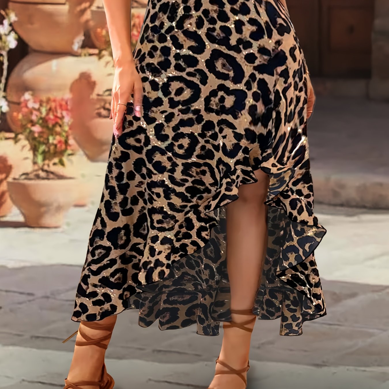 Women's Leopard Print Maxi Skirt Ruffled Hem Stretchy Waist Casual