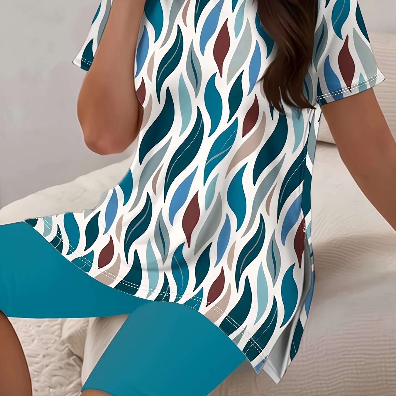 Women's Twisted Leaf Print Two-Piece Short Set Summer Casual Comfortable