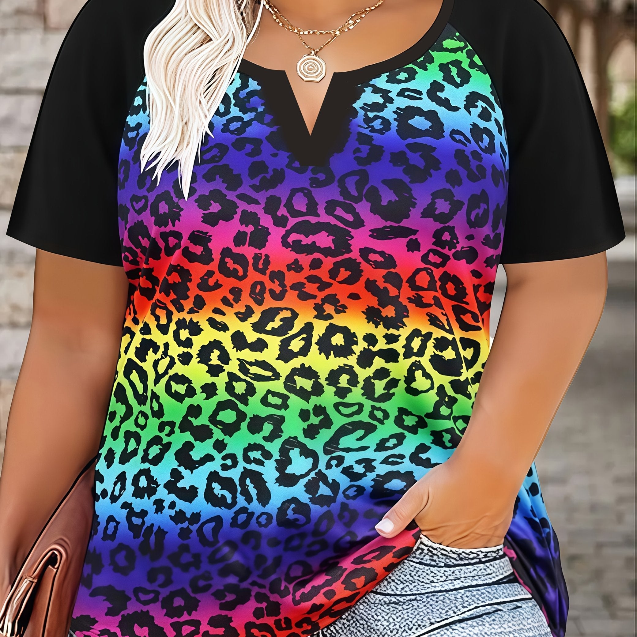 Plus Size Leopard Print Patchwork T-Shirt Casual Short Sleeve Top for Spring and Summer