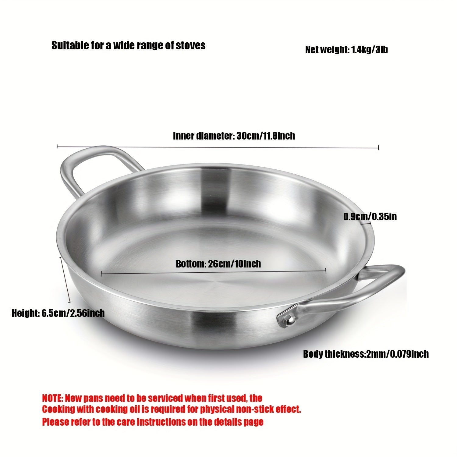 304 zanglamaydigan po'latdan yasalgan grill qovurilgan panjara, ikki tutqichli, elektrsiz, barcha pechlar uchun mos