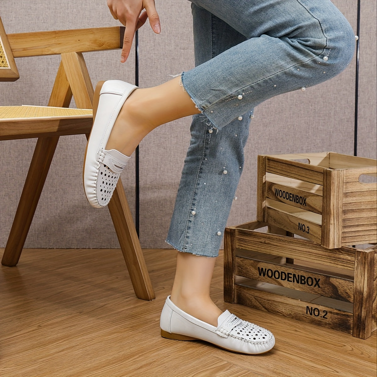 Women's Breathable Perforated Slip-On Loafers White Synthetic Casual Shoes