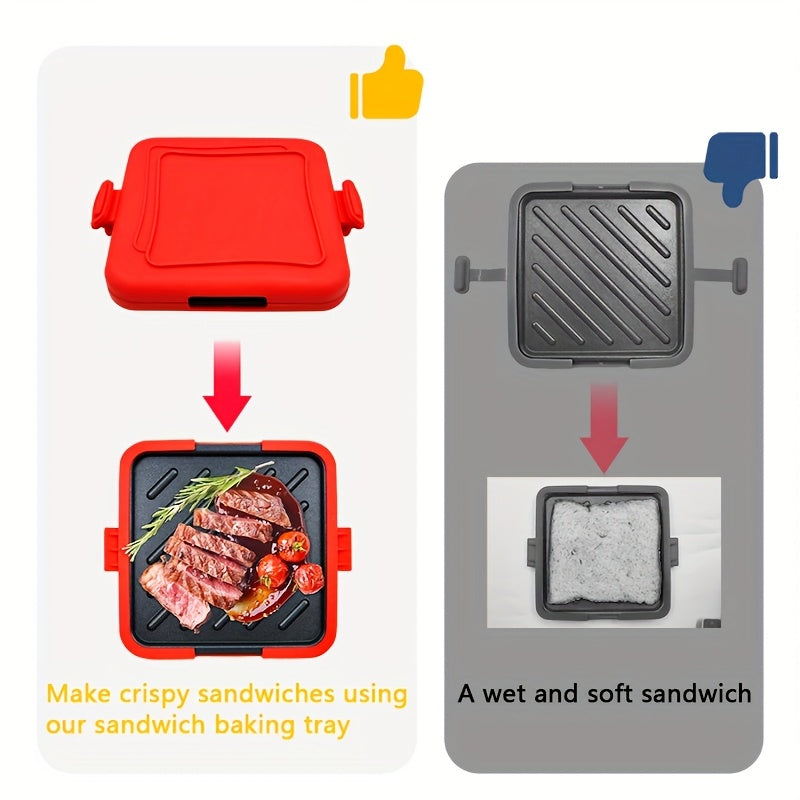 Mikroto'lqinli pechda sendvich tayyorlash panasi - Tez, qizarib pishgan tost uchun pishirish plastinkasi, yopishmaydigan temir, BBQ, kolbasa, tovuq qanotlari, bifshtekslar, qizil rangda, qulay tutqichli.
