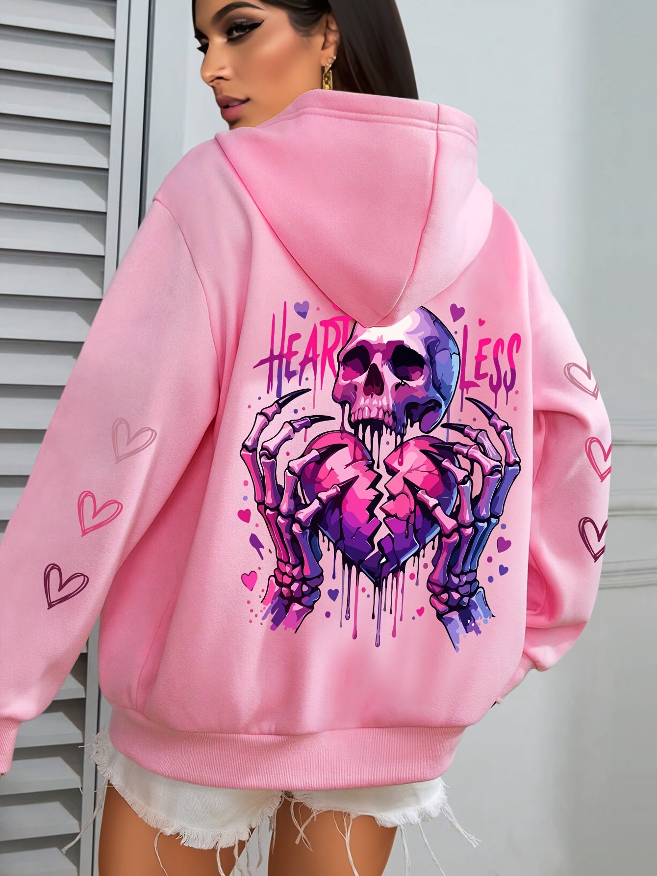 Sudadera con capucha de talla grande para mujer con estampado de corazón y amor de manga larga
