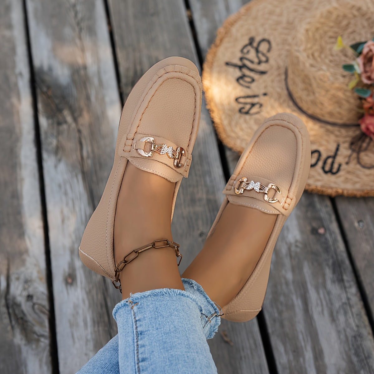 Women’s Faux Leather Slip-On Loafers with Crystal Accents Beige Non-Slip Sole