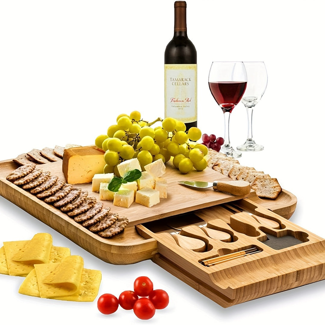 Bamboo Cheese Board Set with Tools, Water-Resistant Serving Tray for Charcuterie and Snacks