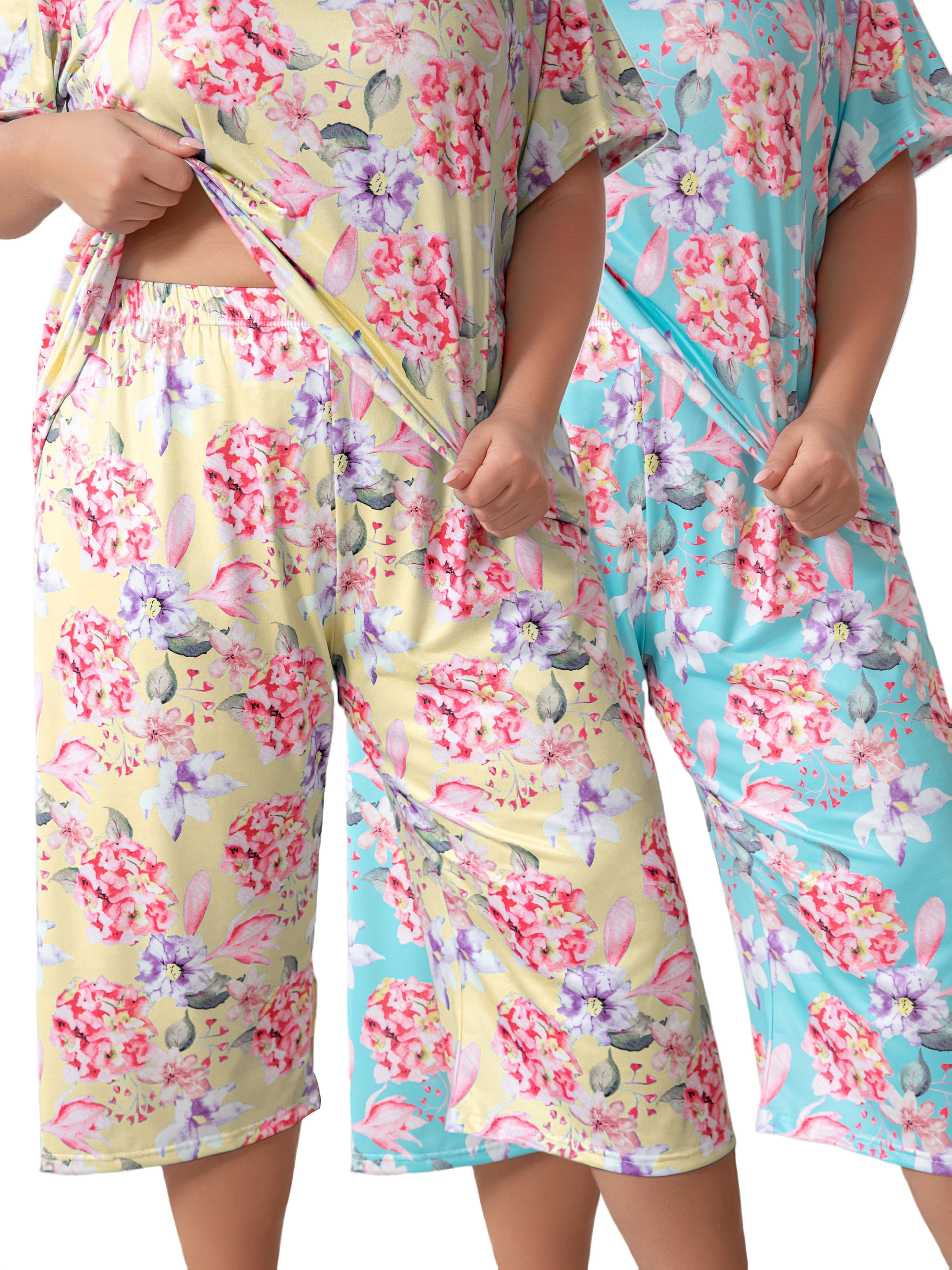 Plus-Size Floral Print Short-Sleeve and Three-Quarter Loungewear Set Comfortable