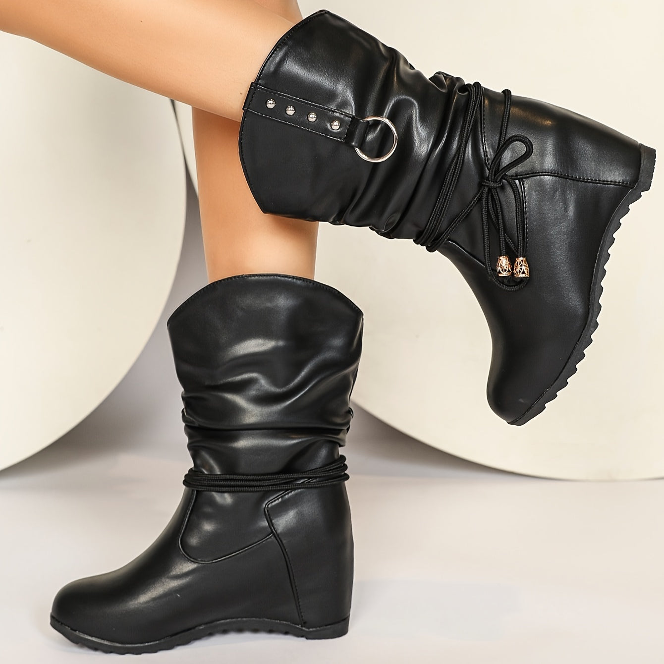 Women's Solid Color Platform Wedge Pull-On Boots with Bowknot Studs