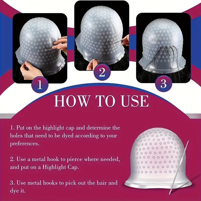 Reusable Hair Coloring Highlighting Cap with Metal Hook and Gloves for Normal Hair