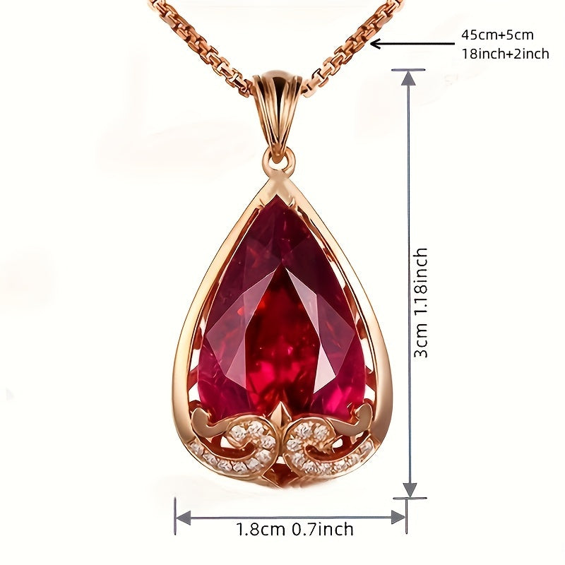 Water Drop-Shaped Rose Gold Pendant Necklace with Pigeon Blood Red and Sapphire Stones for Women
