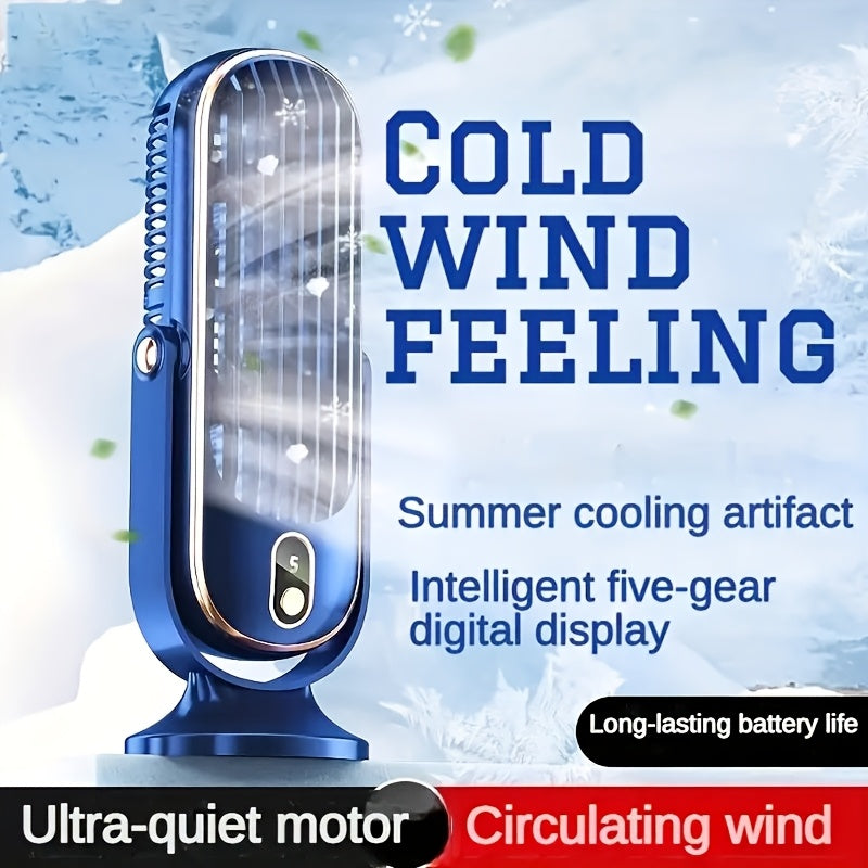 Portable Mini Fan with Digital Display, 5-Speed, USB Rechargeable for Travel and Office