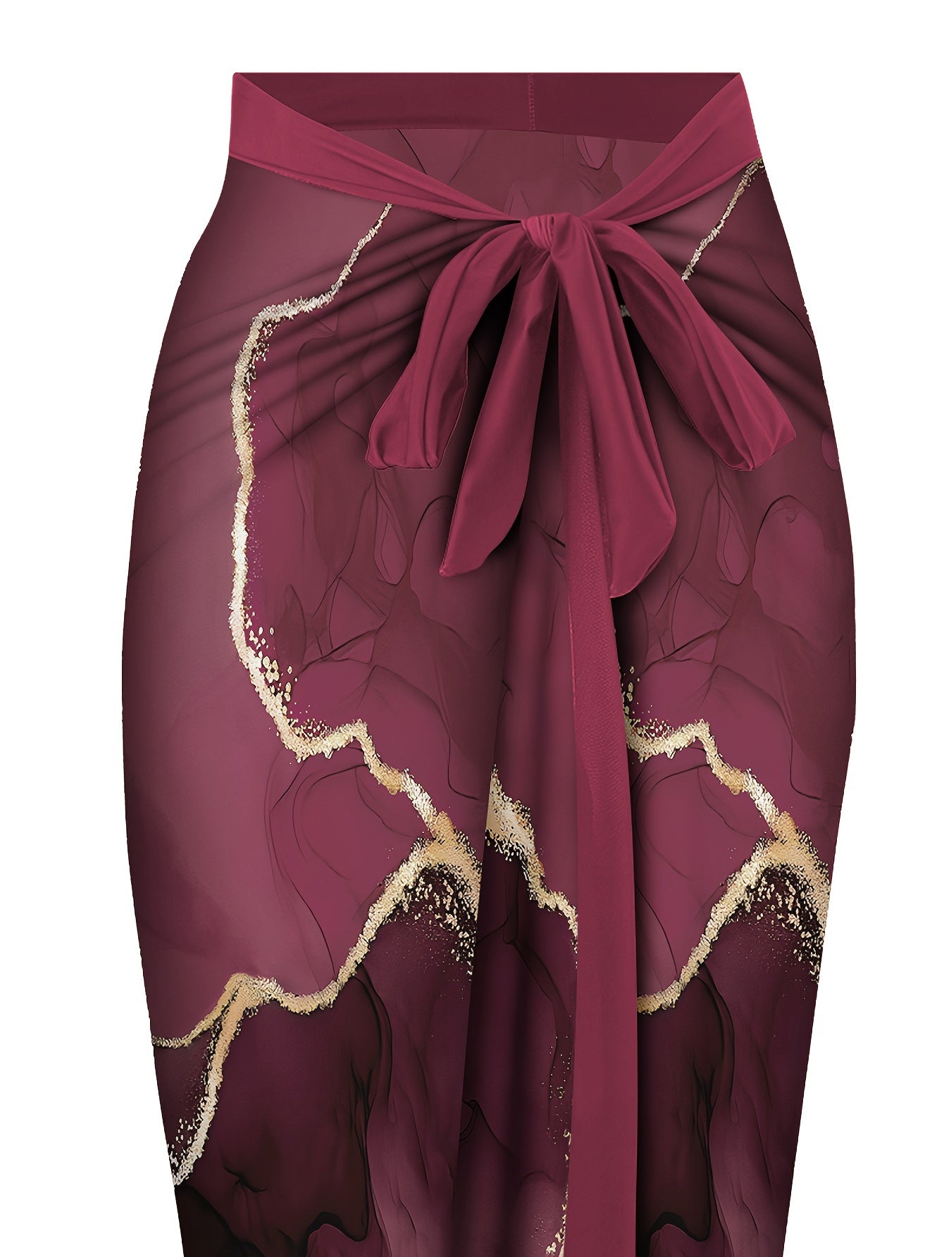 Deep Red Printed Two-Piece Beachwear Set with Crisscross One-Piece and Tie-Waist Skirt