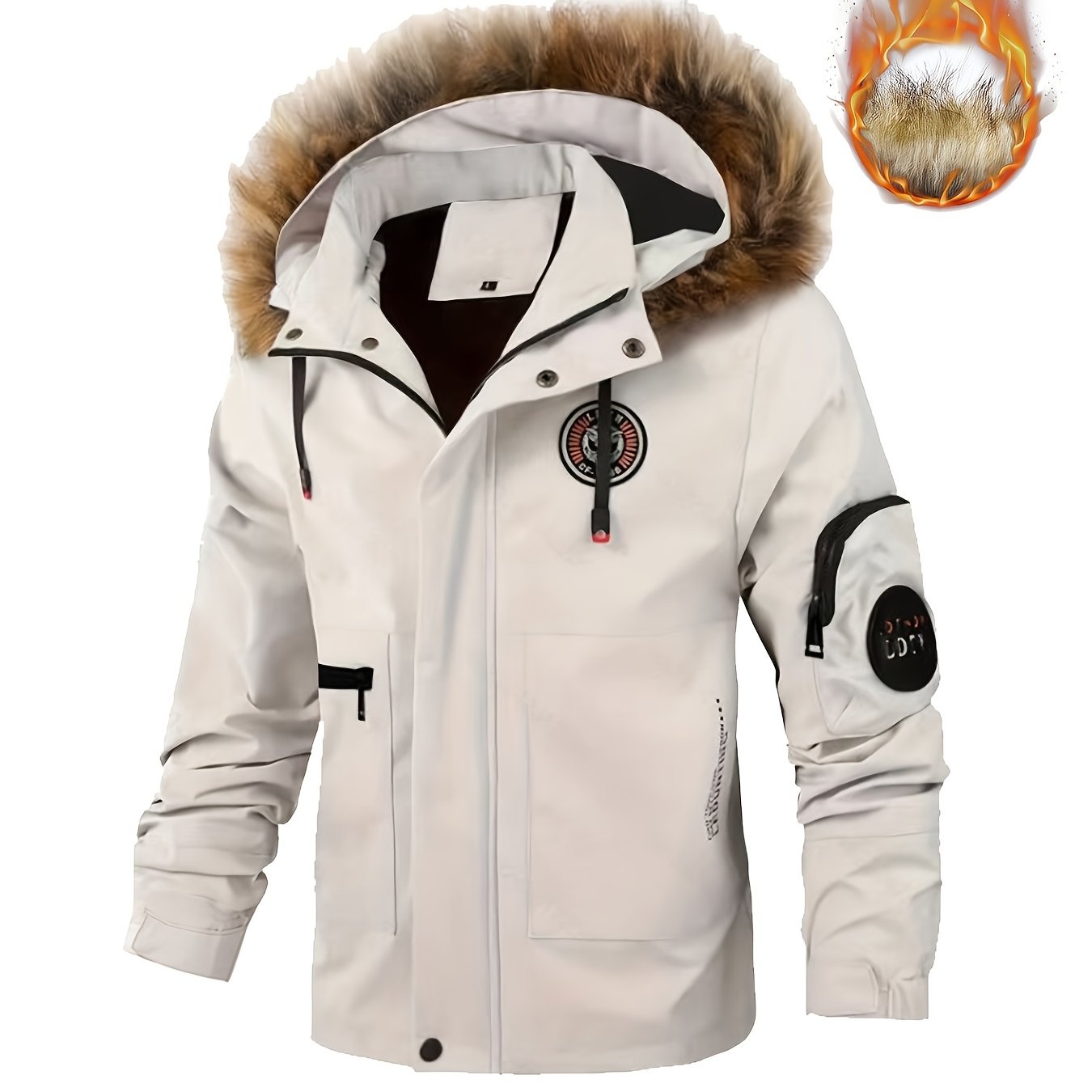 Chaqueta de vuelo de invierno para hombre talla plus, en rojo, con capucha desmontable, ribete de piel sintética, bolsillos, para exteriores y uso casual