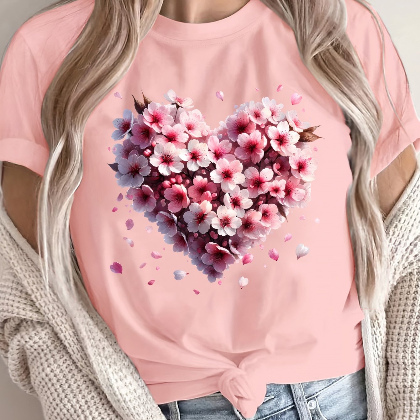 Women Plus Size Loose T-Shirt with Heart Pattern Cotton Short Sleeves
