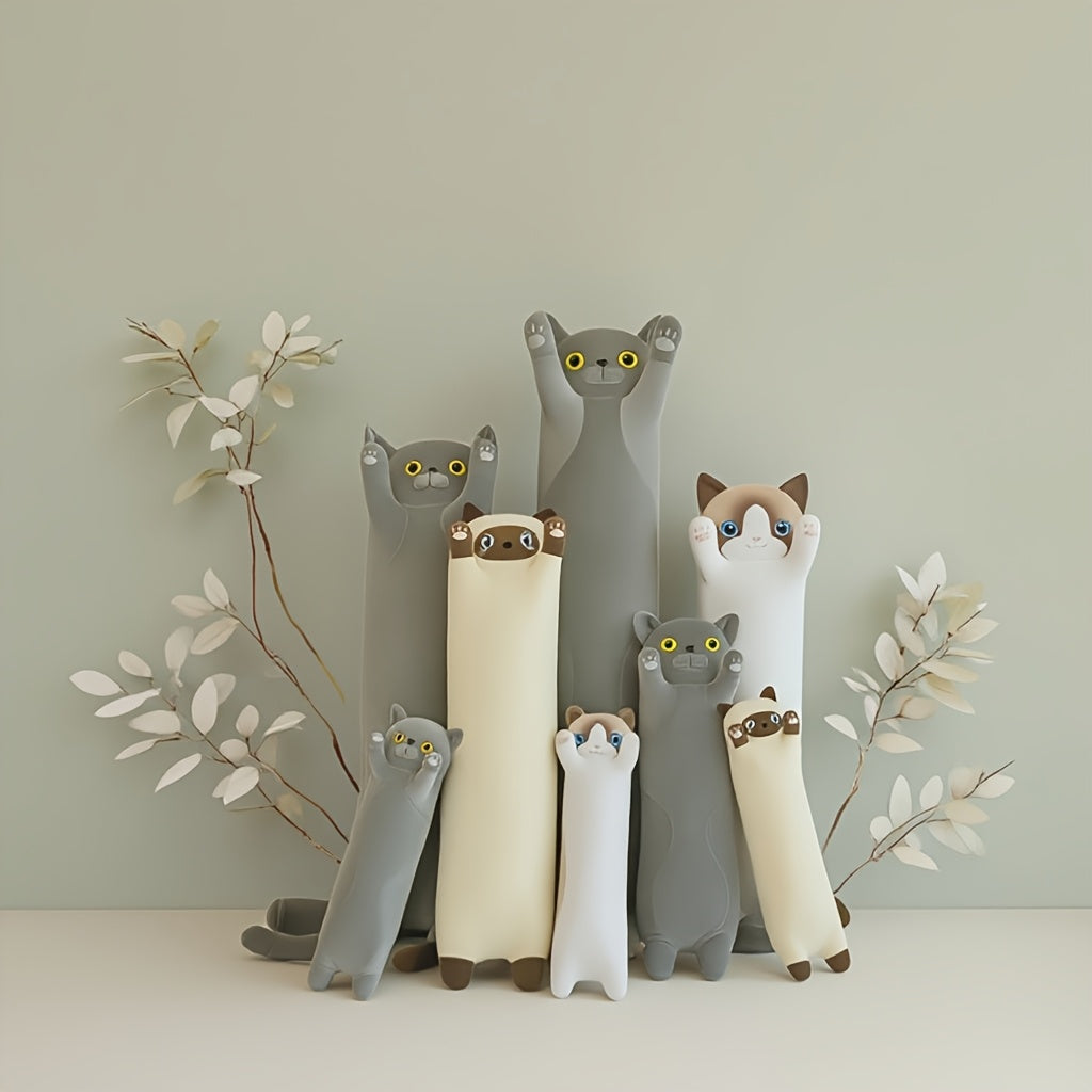 Peluches de gato de dibujos animados, almohada larga para abrazar, suave poliéster, pequeño perro y gato, compañero de sofá