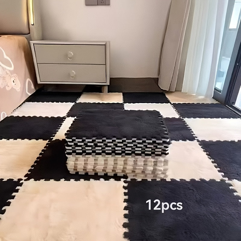 12pcs Square Flower Pattern Plush Area Rugs Set Washable Non-Slip Low Pile Polyester EVA Bedroom Living Room Decor