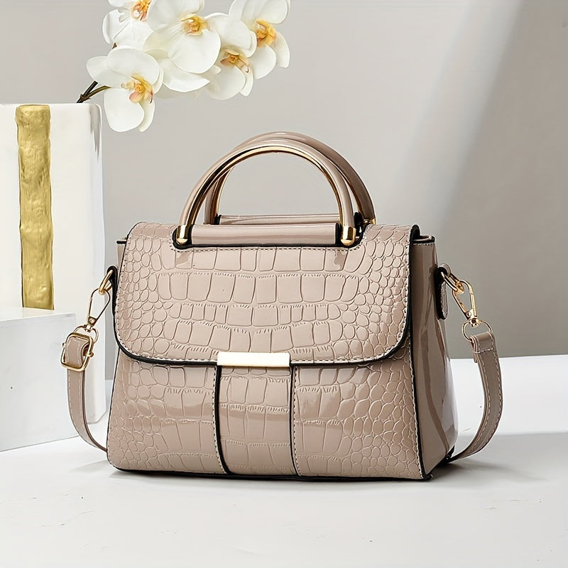 Стильная черная сумка через плечо с крокодиловым узором для женщин с магнитным замком и простым однотонным дизайном.