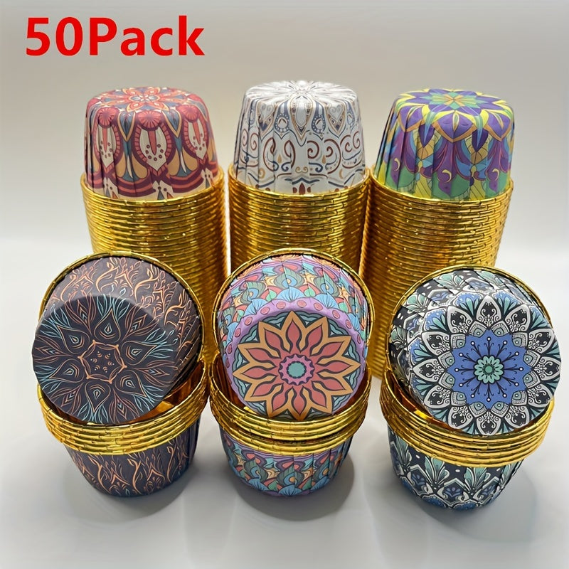 Pack of 50 Large Bohemian Style Gold Paper Cupcake Liners for Muffins and Desserts