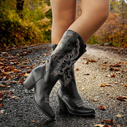 Женские вышитые ковбойские сапоги в западном стиле, средний каблук, заостренный нос, массивный каблук