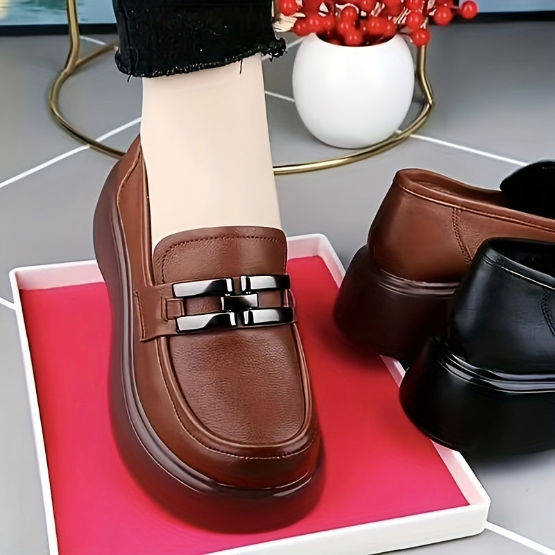 Women's Black Platform Loafers Round Toe Chunky Heel Casual Shoes