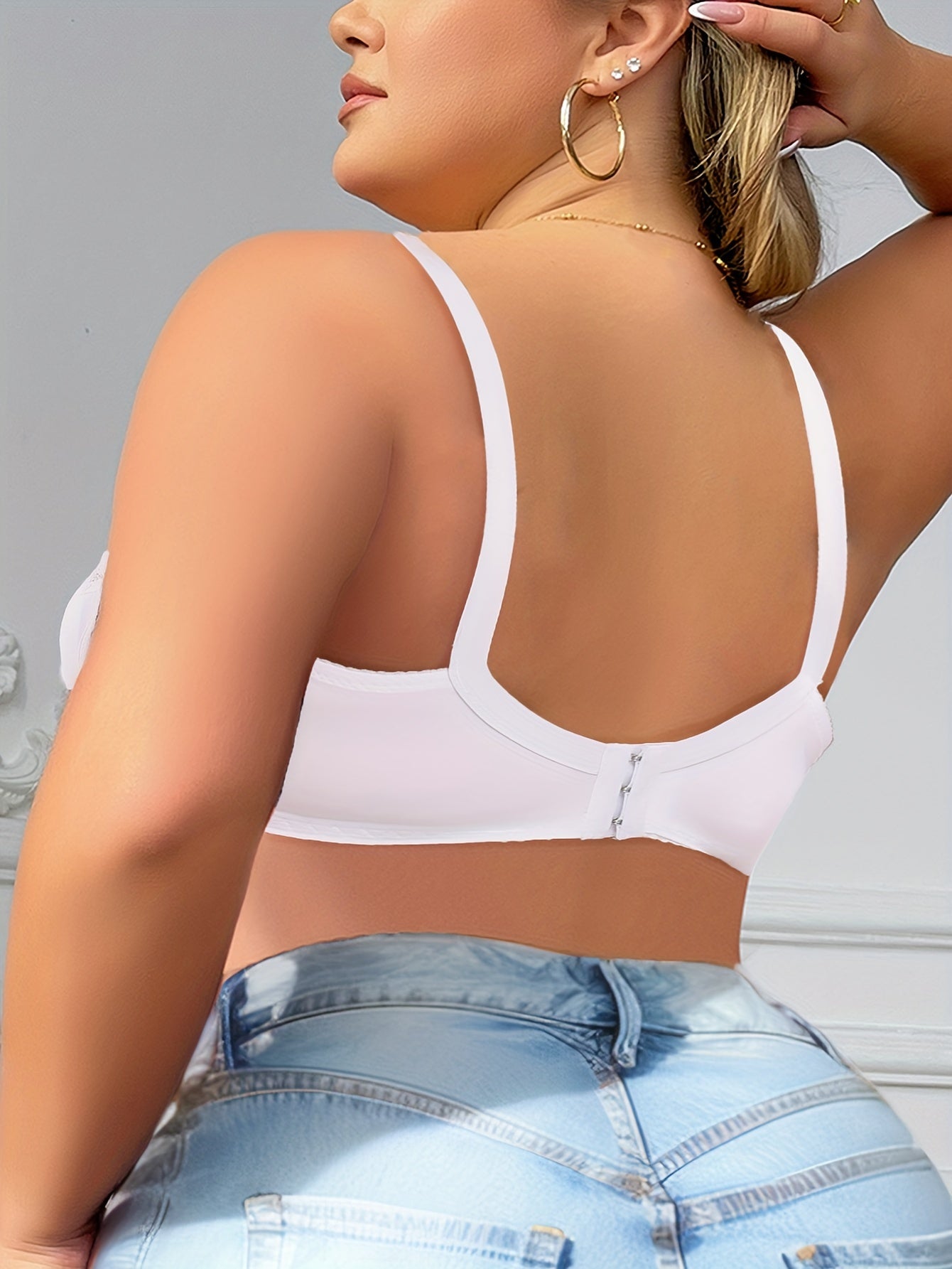 Sujetador de encaje de talla grande para mujer con estampado floral, sin aros, soporte de tela de punto de nylon