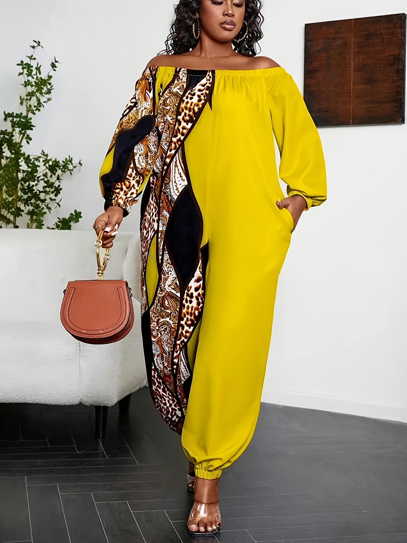 Plus Size Bohemian Off-the-Shoulder Jumpsuit Vibrant Yellow Black Geometric