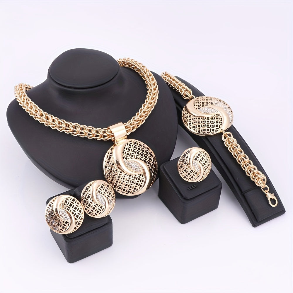 Golden Rhinestone Jewelry Set with Necklace Earrings Bracelet Ring for Weddings and Events