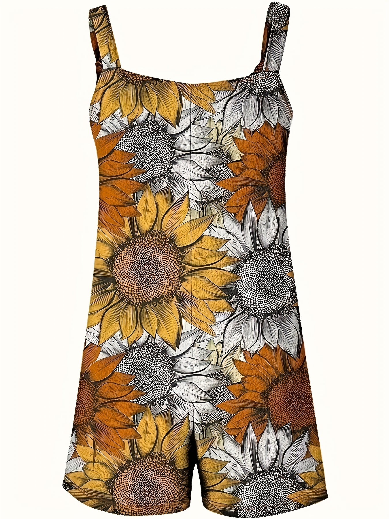 Women's Plus Size Sunflower Print Sleeveless Wide-Leg Jumpsuit with Pockets