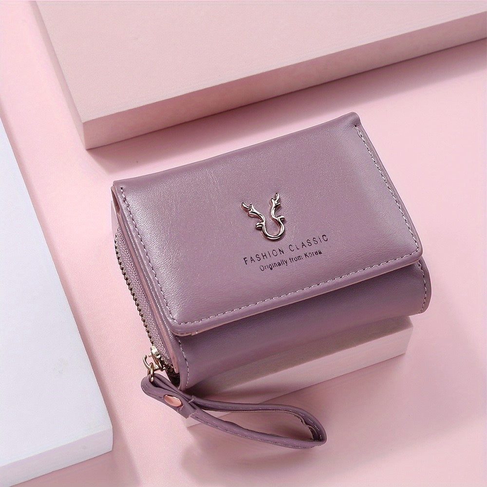 Ayollar uchun ko'p funksiyali minimalist uch qismli qisqa hamyon, tangalar uchun cho'ntak va kredit karta ushlagichi bilan.