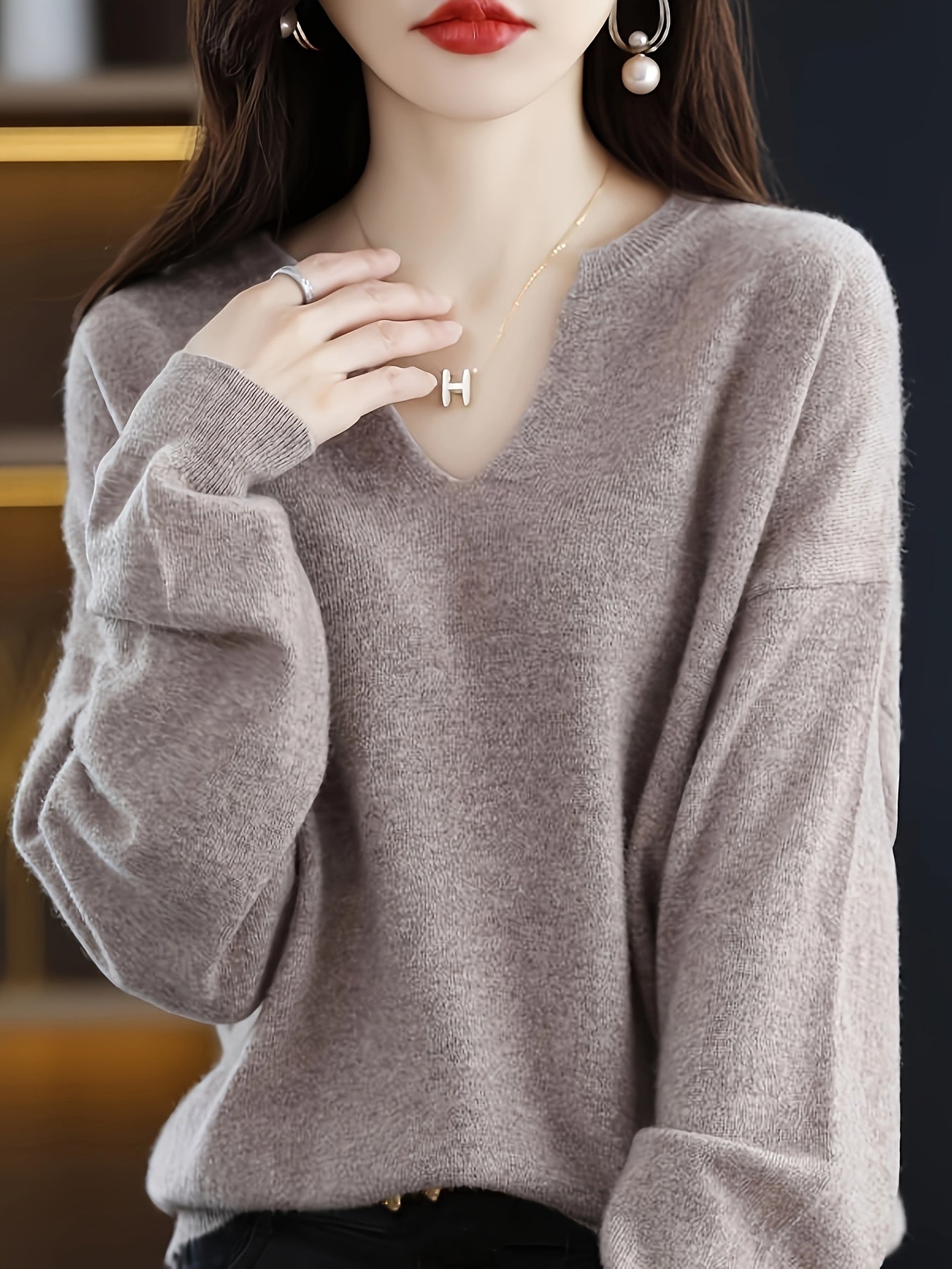 Plus o'lcham ayollar uchun V-shakllı bo'yinli uzun qo'lqopli kofta, qorin nazorati, kundalik pulover