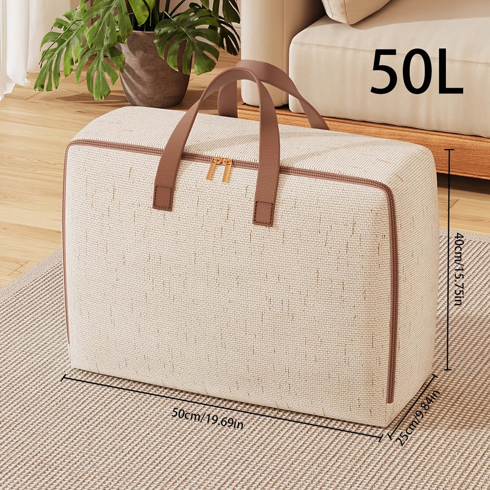 Gran bolsa de almacenamiento beige con asas y cremallera para ropa de cama y almohadas