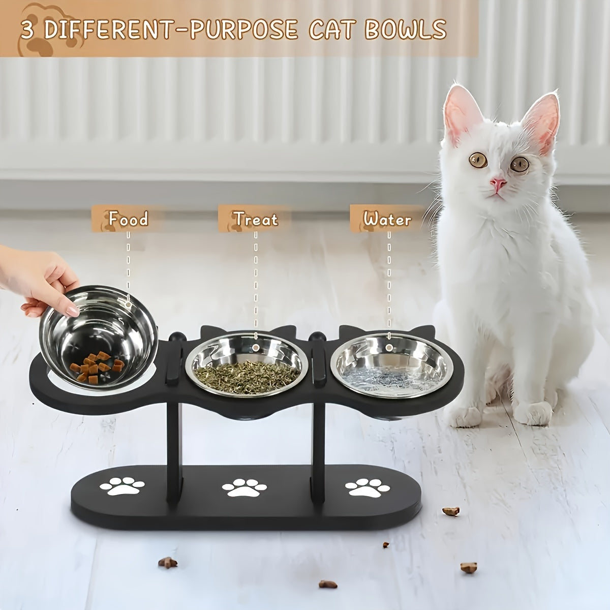 Adjustable Elevated Cat and Small Pet Food Bowl with Stainless Steel Stands