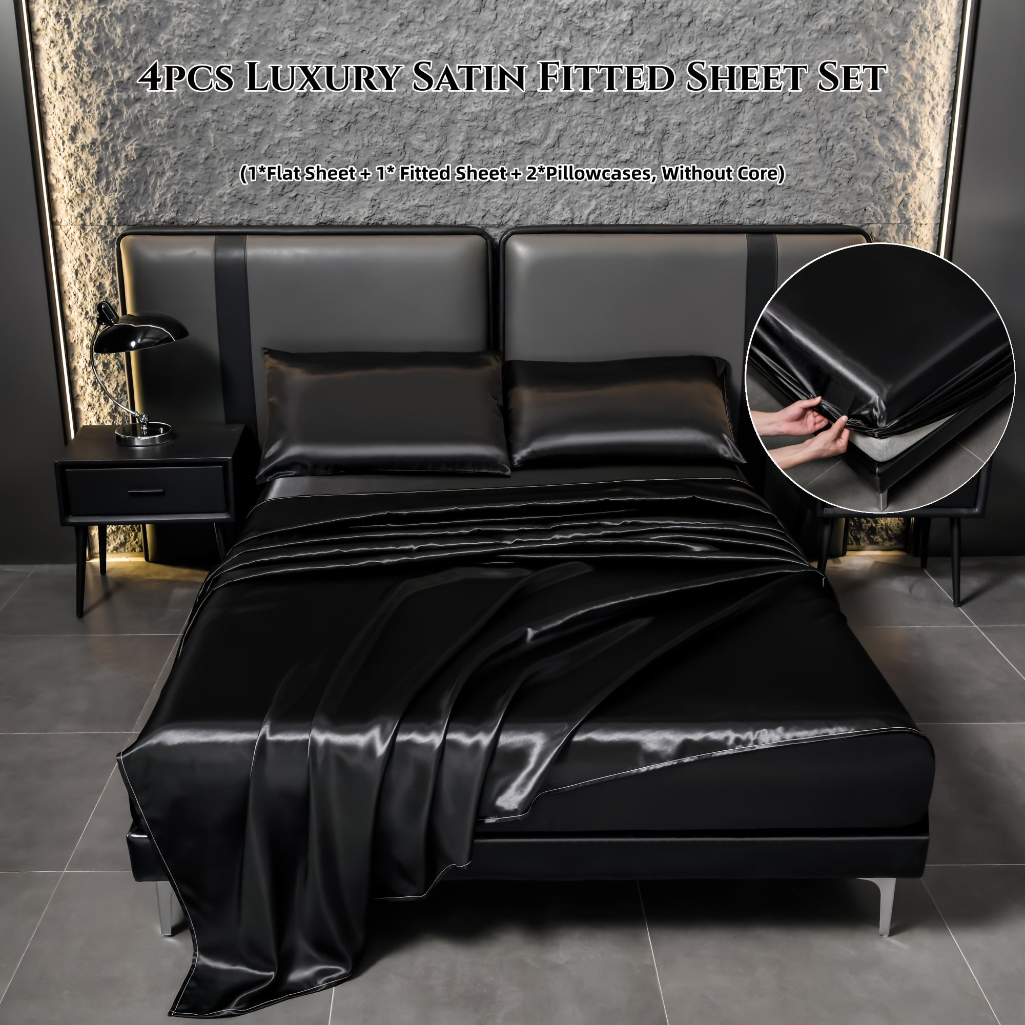 4-Piece Satin Bed Sheet Set Reversible Breathable Non-Slip Solid Color for Bedroom Guest Hotel