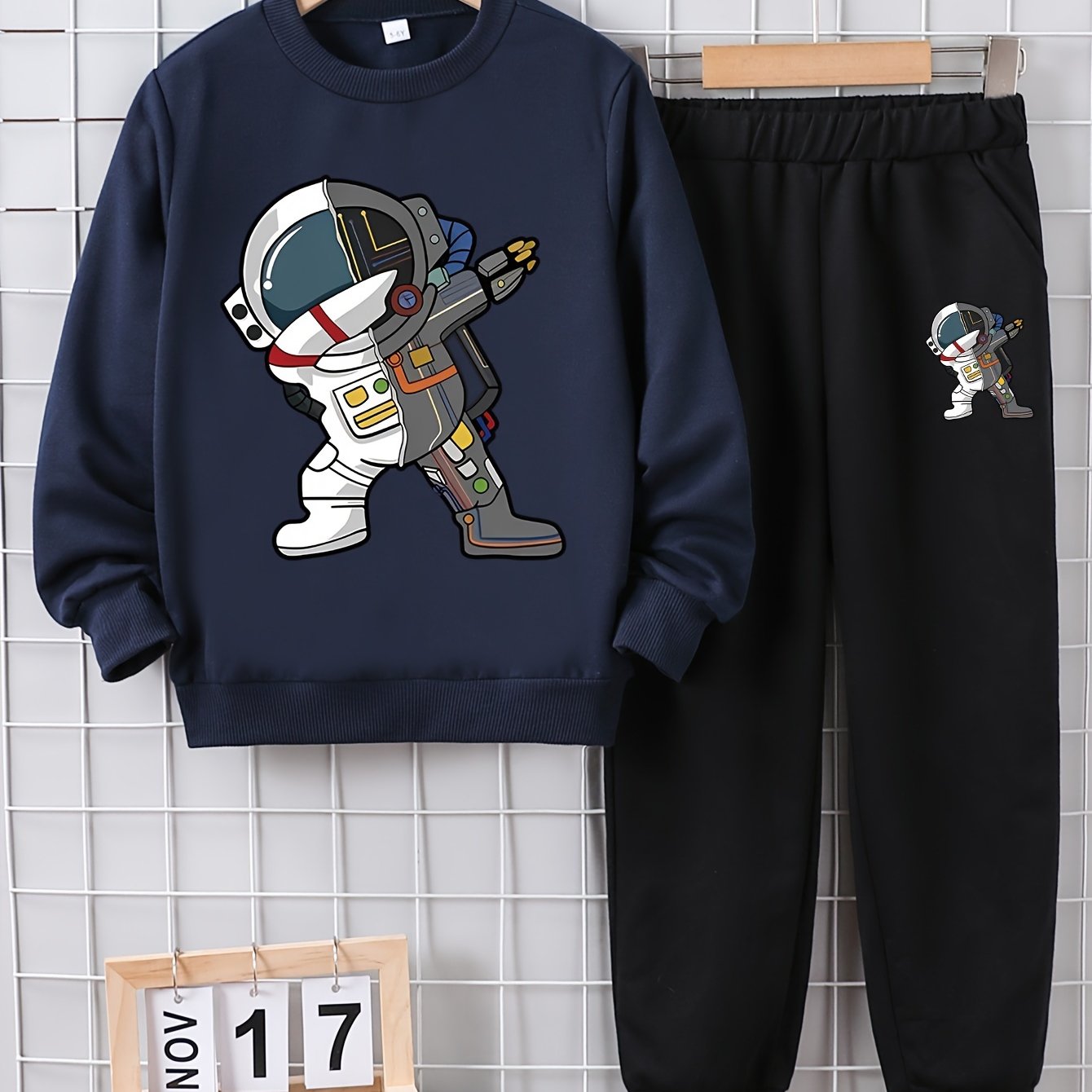 Boys' Astronaut Print Sweatshirt and Pants Set Loose Fit Color Block Spring Fall Outdoor Wear