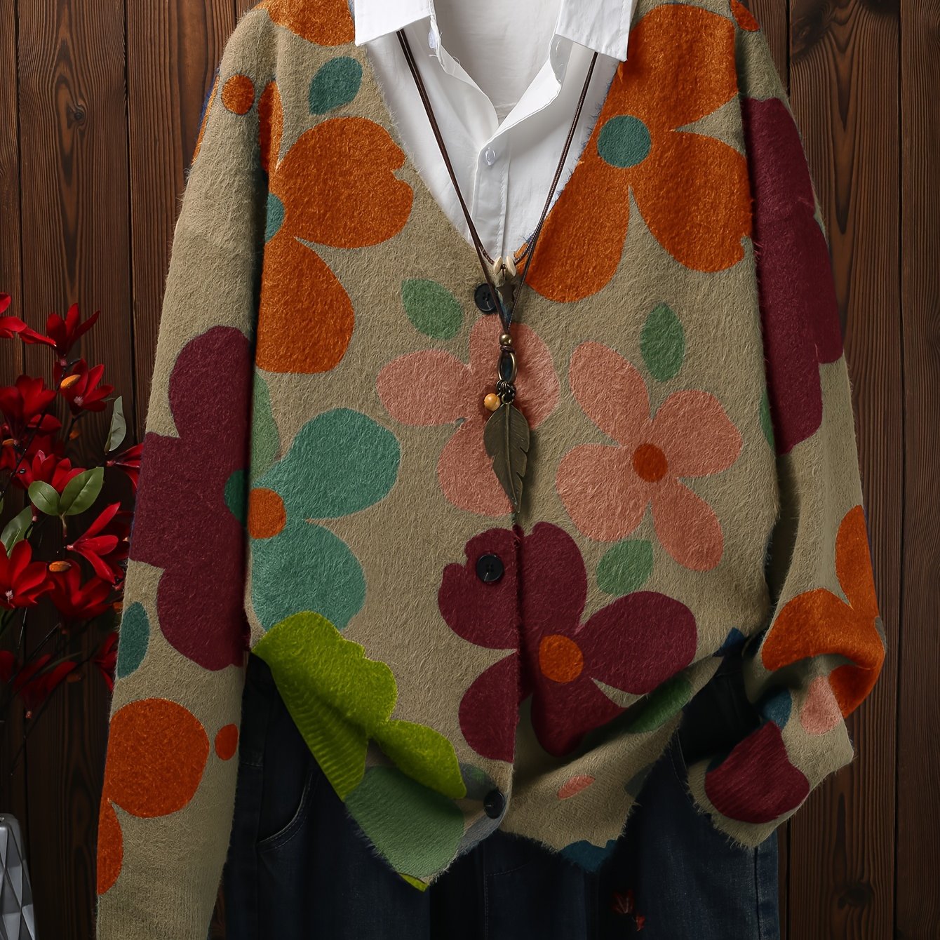 Plus Size Floral Print Button Front Cardigan V Neck Long Sleeve Spring Fall Women's Clothing