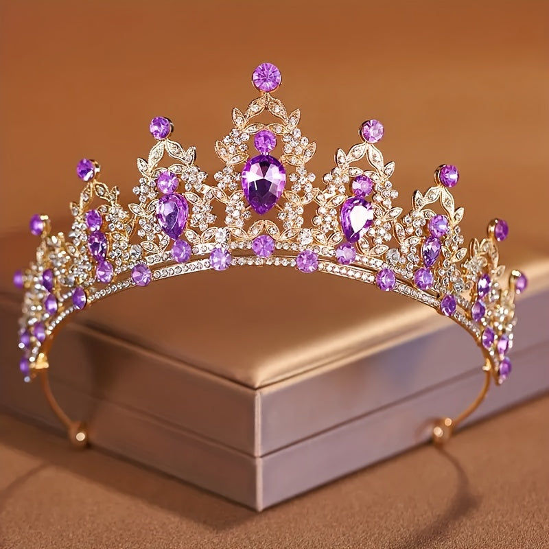 Bridal Tiara with Purple Crystals and Korean Princess Crown for Women