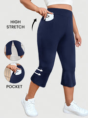 Women's Plus Size High-Waist Flare Pants Breathable Stretch Pockets Blue