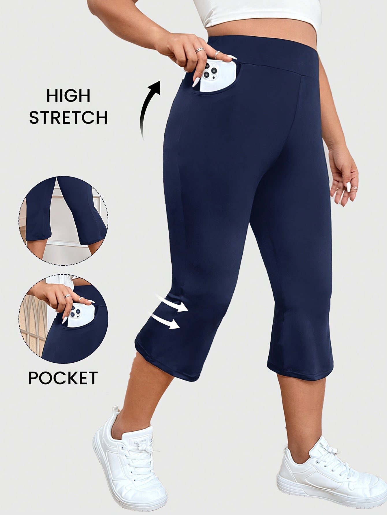 Women's Plus Size High-Waist Flare Pants Breathable Stretch Pockets Blue