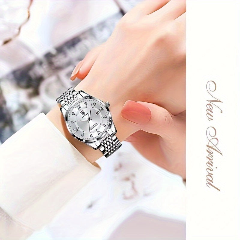 Women's Silver Watch with Rhinestones Luminous Hands and Date Display