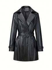 Women's Lightweight PU Leather Trench Coat with Belt Solid Color Spring Fall Windbreaker