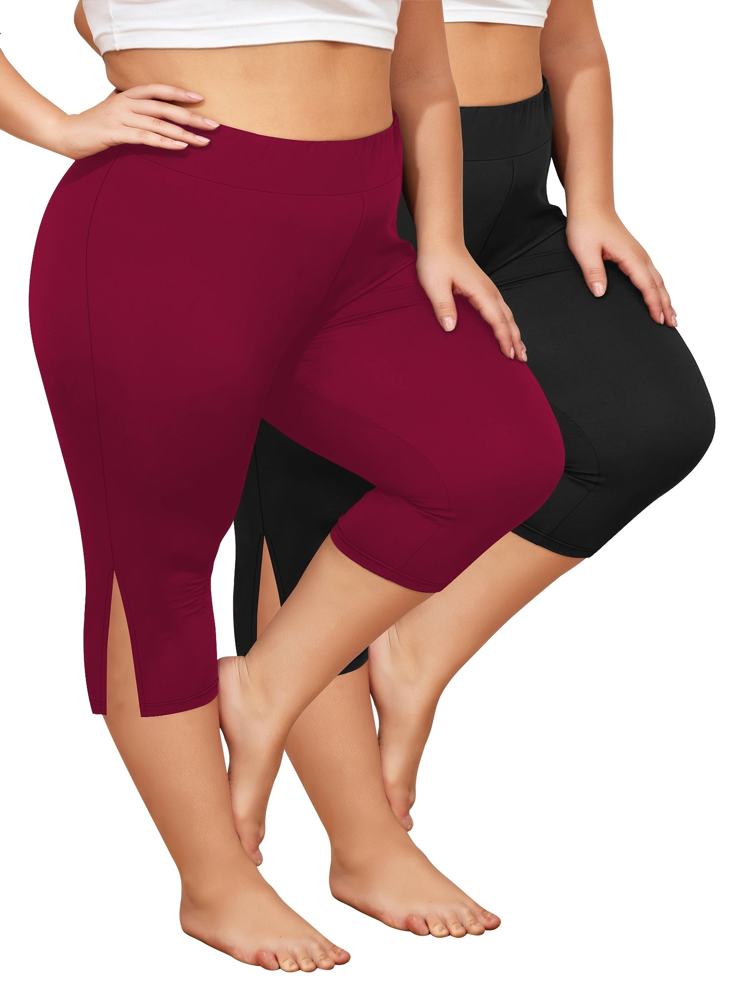 Women's Plus Size Flat-Waist Yoga Pants 7-Inch Leggings for Workout Running