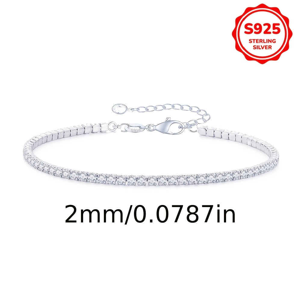 Sterling Silver Tennis Chain Bracelet with Cubic Zirconia Adjustable 2MM 3MM Hypoallergenic Jewelry for Women