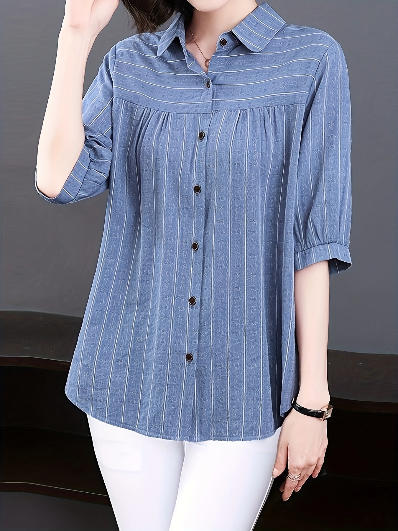 Women's Striped Cotton Shirt with Half Sleeves for Spring and Summer